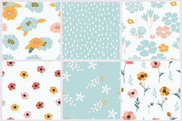Fototapeta na wymiar Set of cute vintage seamless pattern with bright bouquets of anemone flowers, leaves and buds, daisies, drops and simple shapes. Summer retro design for printing, wallpaper, textiles. Vector graphics.
