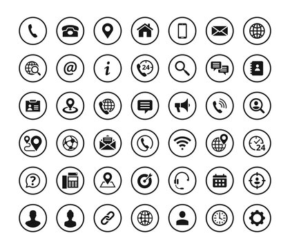 Set of 42 solid contact icons in circle shape. Black vector symbols.