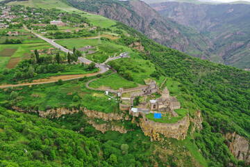 Tatev monastery in Armenia, aerial shot.  Armenian Apostolic ancient monastery,   Syunik Province,...
