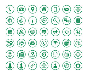 Set of 42 solid contact icons in circle shape. Green vector symbols.