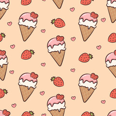 Seamless pattern with ice cream, strawberries and hearts. Cute pattern for decoration design, backgrounds, fashion, stationery, wrapping paper, textile, scrapbooking, web design. Vector illustration.