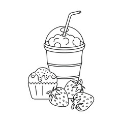 Coloring book for kids. Cupcake, strawberry berries, milkshake. Fruits and drinks. Vector illustration of print, decor.