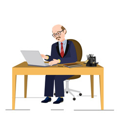 An elderly man is typing on a laptop. A man is sitting at a desk with a laptop. Vector image of a person for animation. Editable strokes. All details on separate layers with names
