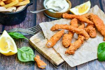 
 Crispy  deep fried   chicken strips  with sesame seeds and french fries . Breaded  with cornflakes chicken  breast fillets  with chilly peppers and fresh   basil on wooden rustic background