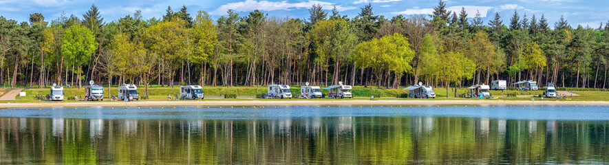 Motorhome parking at a lake near Eersel in the Netherlands