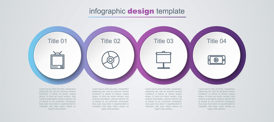 Set line Retro tv, CD or DVD disk, Projection screen and Online play video. Business infographic template. Vector