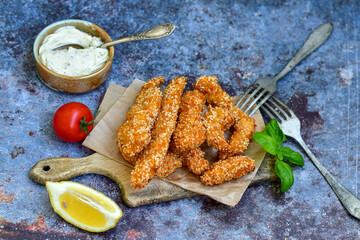 
 Crispy  deep fried   chicken strips  with sesame seeds and french fries . Breaded  with cornflakes chicken  breast fillets  with chilly peppers and fresh   basil on wooden rustic background
