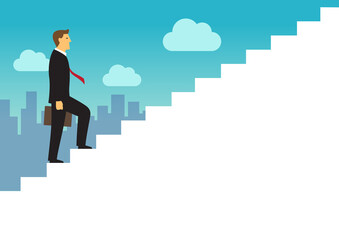 Fototapeta premium Businessman walking up the white stairs, Employee climb up the staircases, Business journey concept growth and the path to success, With copy space, Flat design vector illustration
