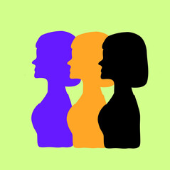 The female silhouette of the head is isolated. The concept of equality, international Women's Day, activism, feminism. Illustration of a silhouette with feminist women. Modern flat design style