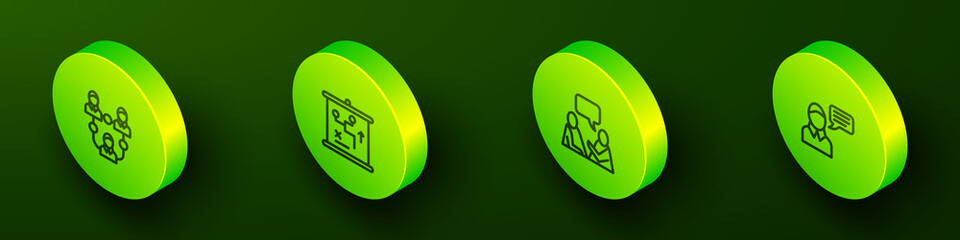 Set Isometric line Project team base, Planning strategy concept, Two sitting men talking and Speech bubble chat icon. Vector