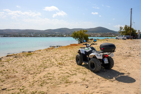 Paros, Greece - September 29, 2020: Quad parked at Kolymbithres beach on Paros island, Cyclades, Greece