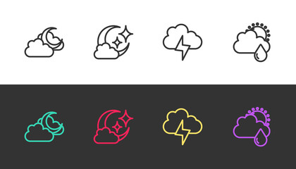 Set line Cloud with moon, , Storm and rain and sun on black and white. Vector