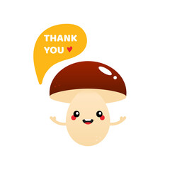 Cute smiling cartoon style mushroom character with speech bubble saying thank you, showing appreciation, gratitude.
