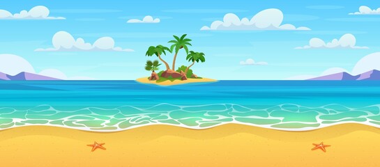 Fototapeta na wymiar Tropical island in ocean with palm trees and rock.