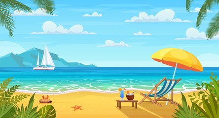 Fototapeta na wymiar Summer tropical beach with sun loungers
