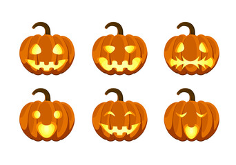 A set of glowing pumpkins on a white background. Halloween.