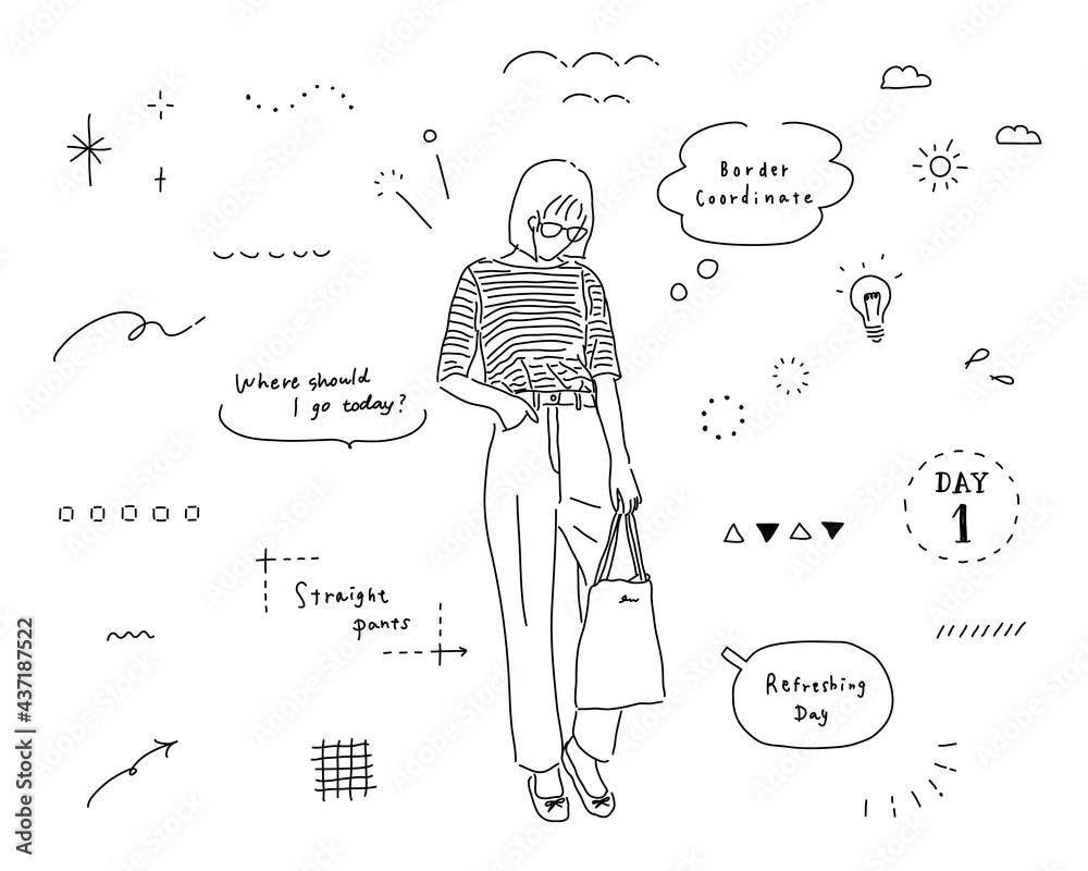 Wall mural 線画の女性と落書きイラストのセット　シンプル　手描き　雑誌風　おしゃれ　飾り　装飾　吹き出し
