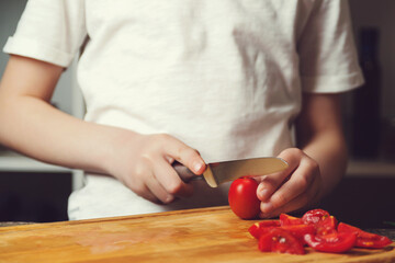 Little son learning to cut tomatoes. Chef is cutting vegetables for salad on a chopping board, close up.