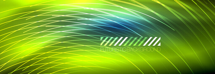 Neon glowing lines, magic energy and light motion background. Vector wallpaper template