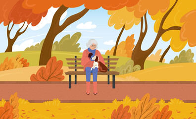 Grandmother sits on a bench with her dog in the fall in the park. Cartoon vector illustration