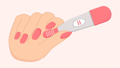 Woman hand with a manicure holds a pregnancy test with a positive result. Two stripes. Child planning, maternity and health care concept. Flat vector illustration.