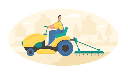 Plowing field with tractor. Farmer in uniform on wheeled machine plows soil Preparation sowing grain and vegetables in rural areas. Growing natural crops for sale. Vector flat illustration isolated