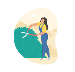 Fototapeta na wymiar Pruning and trimming bushes. Girl in uniform carefully cuts overgrown plant with garden shears. Creation artistic fence design. Work in open summer air. Vector flat illustration isolated