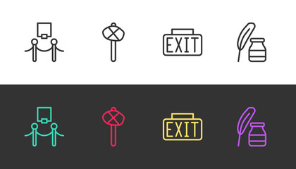 Set line Picture and rope barrier, Stone age hammer, Exit sign and Feather inkwell on black and white. Vector