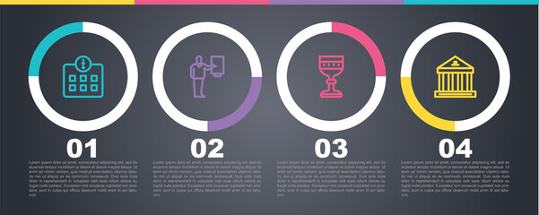 Set line Information, Museum guide, Medieval goblet and building. Business infographic template. Vector