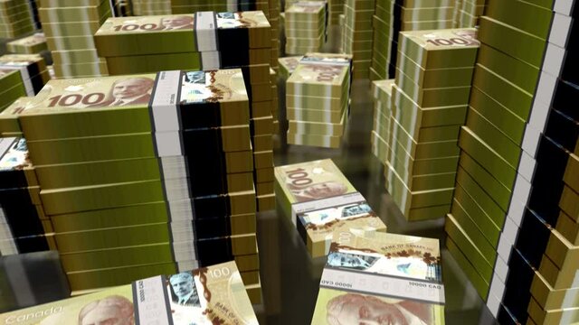 Canadian Dollar money notes packs loop. 3D flight over cad banknotes stacks towers. Loopable seamless abstract background concept of business, economy crisis, recession and finance in Canada.