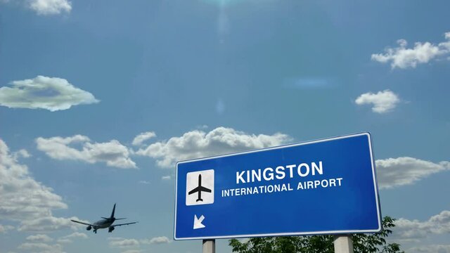 Jet airplane landing in Kingston, Jamaica. City arrival with airport direction sign. Travel, business, tourism and transport concept. 3D rendering animation.