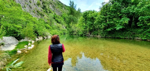 woman on the shores of a lake admires the trees that grow on the banks of a body of water in the mountains