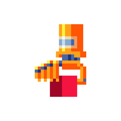 Fototapeta premium Automation. Pixel art. Robot arm icons. Mechanical conveyor, equipment, process of work. 8-bit sprites. Isolated abstract vector illustration.