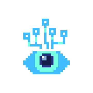 Artificial Intelligence eye in a chip. Cyber mind pixel art icon. Design for logo, stickers, web, mobile app. Isolated vector illustration.