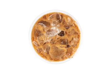Top view Iced coffee on plastic cup isolated white background