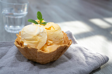 homemade Ice cream scoops with vanilla ice cream in a bowl with mint.