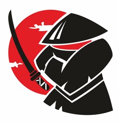 Samurai  Japanese Flag Style Background, Isolated Vector, Hand Drawn