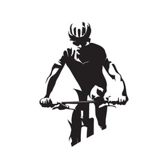Mountain bike cyclist. MTB cycling logo. Abstract isolated vector silhouette, front view