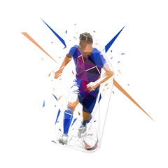 Fototapeta na wymiar Football player in dark blue jersey running with ball, abstract low poly vector drawing. Soccer player kicking ball. Isolated geometric colorful illustration, front view