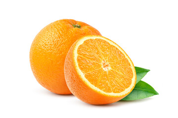 Navel Orange with cut in half and leves isolated on white background.