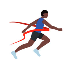 Fototapeta na wymiar A black African American athlete. A fast runner crosses the finish line. Winner of a running competition. Vector illustration