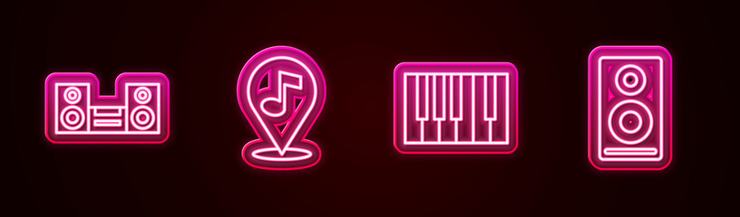 Set line Home stereo, Location musical note, Grand piano and Stereo speaker. Glowing neon icon. Vector