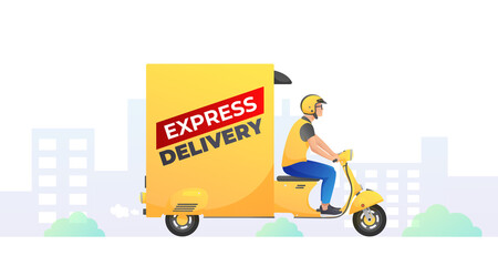 Yellow retro express delivery car, truck and courier, city on white background. Vector illustration for design, flyer, poster, banner, web, advertising.