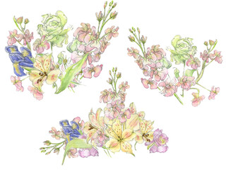 Watercolor illustration set of flower compositions, pastel pink,violet,yellow flowers, green leaves drawn by hand on a white background. Flower corners