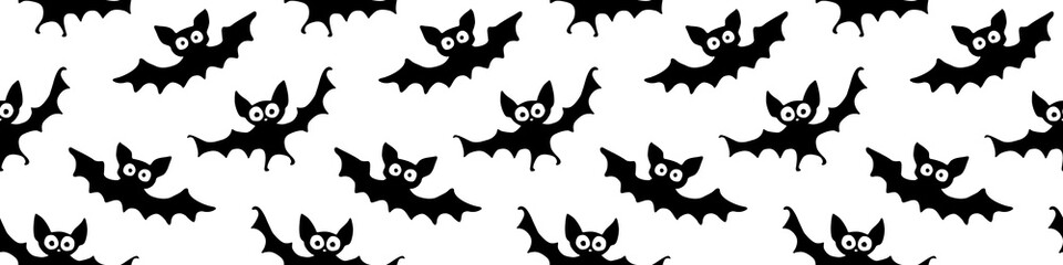 Flying bats seamless pattern. Cute Spooky vector Illustration. Halloween backgrounds and textures in flat cartoon gothic style. Black silhouettes animals on sky