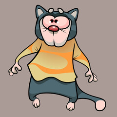 cartoon very surprised cat with bulging eyes in a sweater