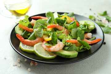 Concept of tasty eating with shrimp salad