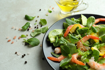 Concept of tasty eating with shrimp salad