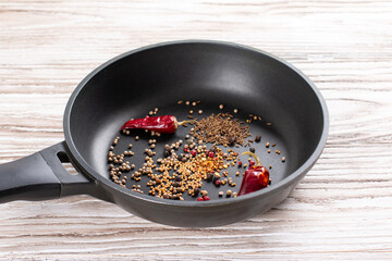 Spices in a pan. Chicken kadhai. Indian chicken curry. Cooking step by step