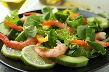 Shrimp salad with different ingredients, close up